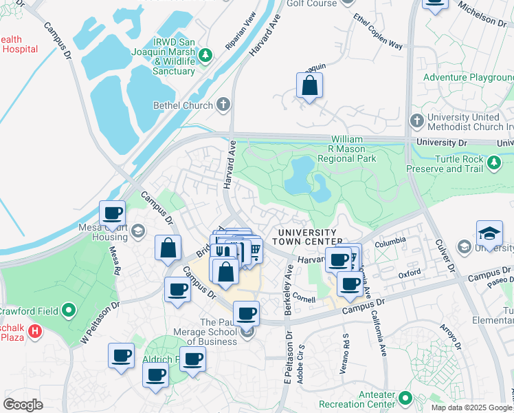 map of restaurants, bars, coffee shops, grocery stores, and more near 63 Lehigh Aisle in Irvine