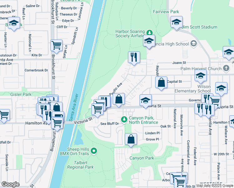 map of restaurants, bars, coffee shops, grocery stores, and more near 2198 Pacific Avenue in Costa Mesa