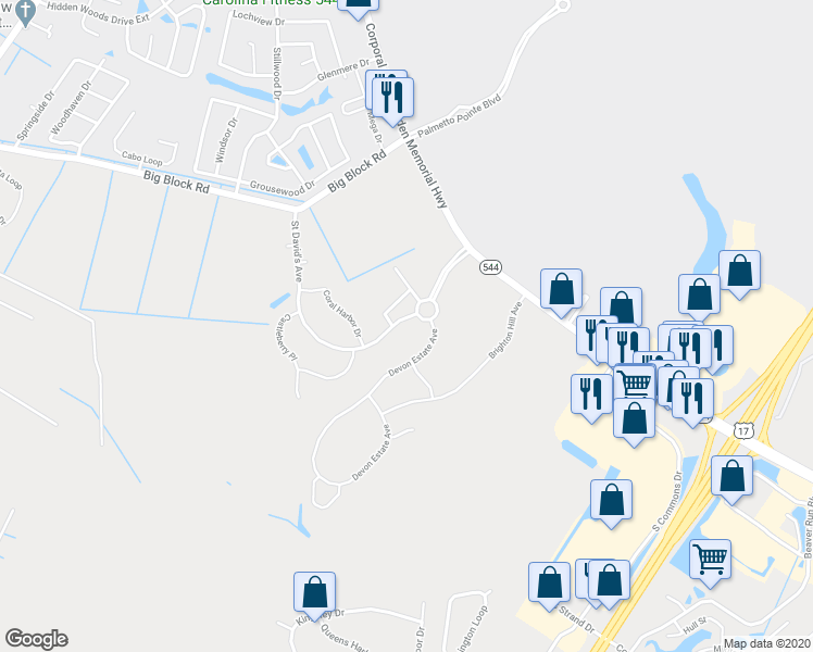 map of restaurants, bars, coffee shops, grocery stores, and more near 209 Saint David's Avenue in Myrtle Beach