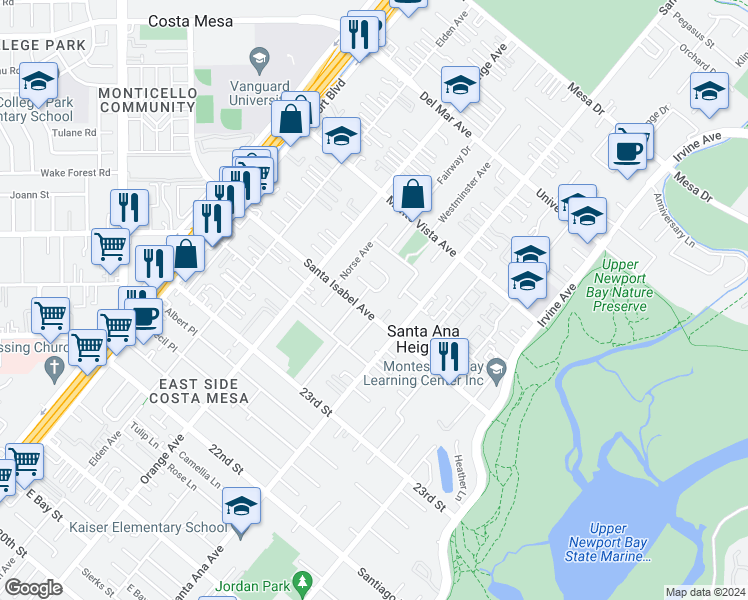 map of restaurants, bars, coffee shops, grocery stores, and more near 258 Santa Isabel Avenue in Costa Mesa