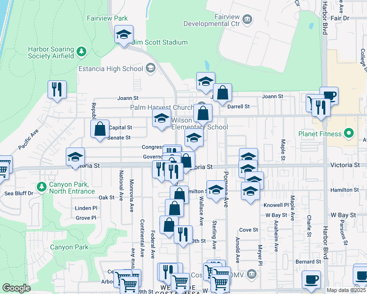 map of restaurants, bars, coffee shops, grocery stores, and more near 2188 Placentia Avenue in Costa Mesa
