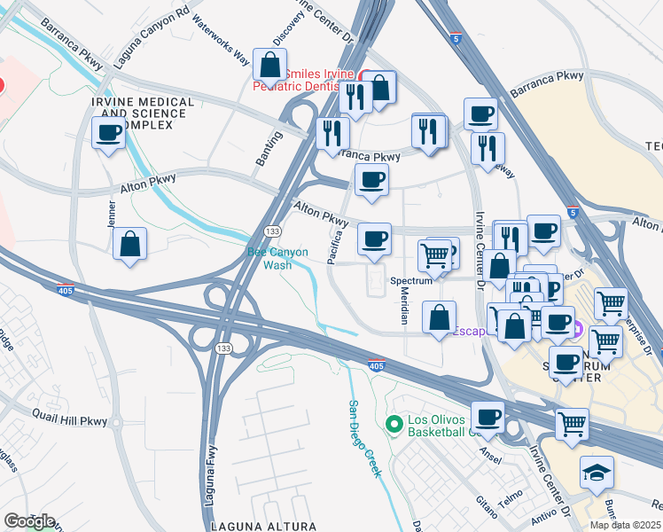 map of restaurants, bars, coffee shops, grocery stores, and more near 423 Pacifica in Irvine