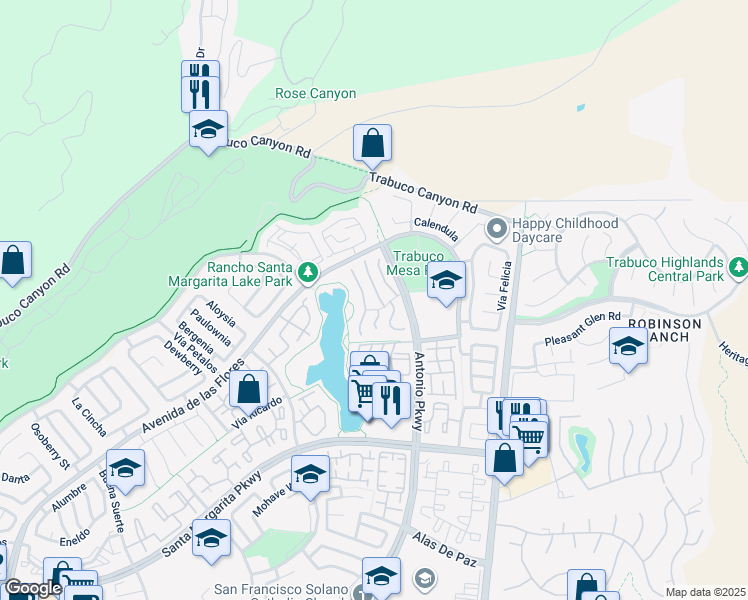 map of restaurants, bars, coffee shops, grocery stores, and more near 27 Calle Christina in Rancho Santa Margarita