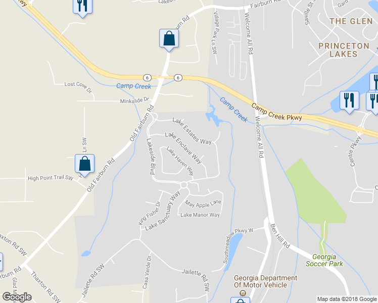 map of restaurants, bars, coffee shops, grocery stores, and more near 3728 Lake Enclave Way in Atlanta