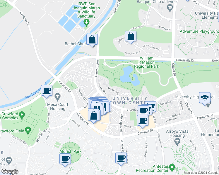 map of restaurants, bars, coffee shops, grocery stores, and more near 45 Lehigh Aisle in Irvine