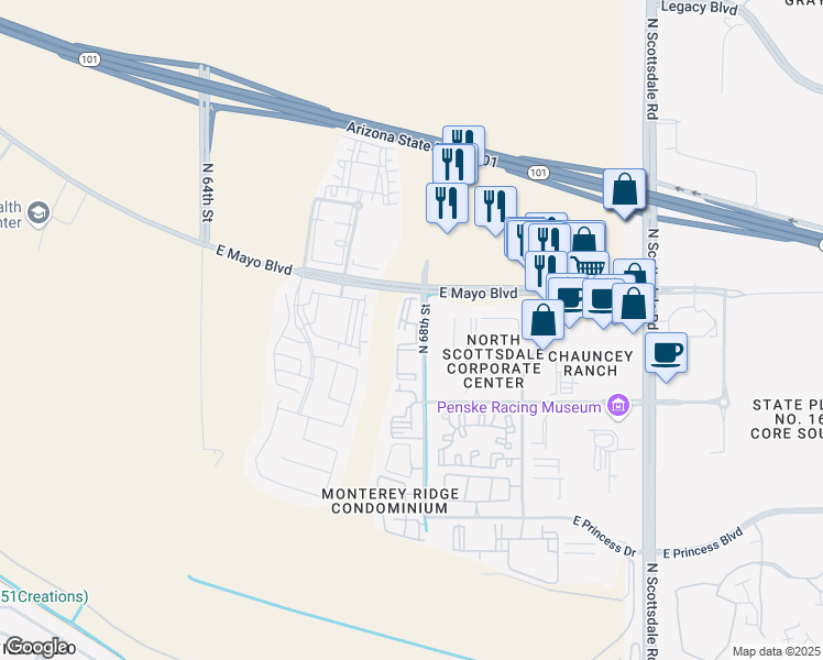 map of restaurants, bars, coffee shops, grocery stores, and more near North 68th Street in Phoenix