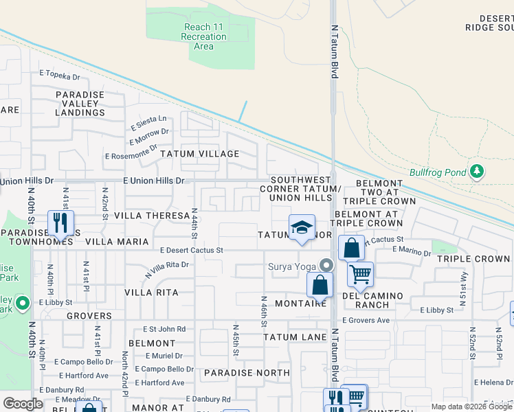 map of restaurants, bars, coffee shops, grocery stores, and more near 18415 North 46th Street in Phoenix