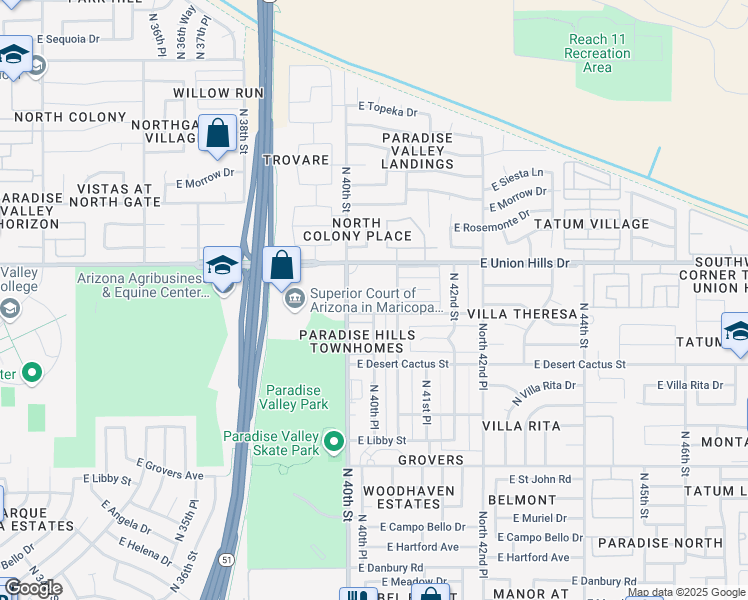 map of restaurants, bars, coffee shops, grocery stores, and more near 4050 East Bluefield Avenue in Phoenix