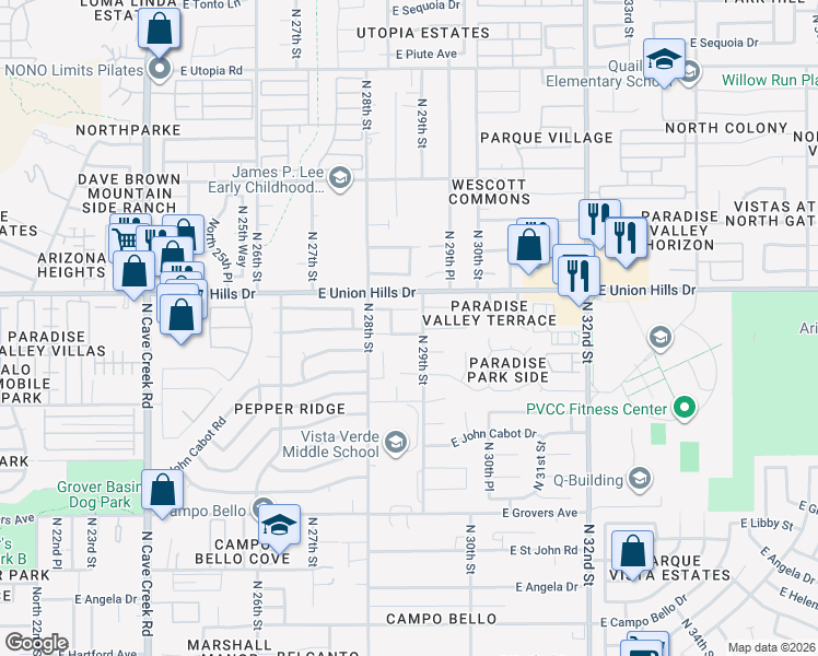 map of restaurants, bars, coffee shops, grocery stores, and more near 2902 East Wagoner Road in Phoenix