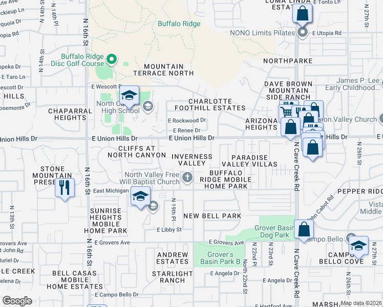 map of restaurants, bars, coffee shops, grocery stores, and more near 2005 East Villa Theresa Drive in Phoenix