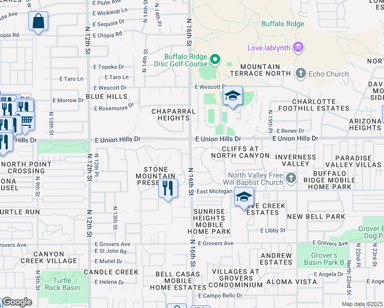 map of restaurants, bars, coffee shops, grocery stores, and more near 1601 East Villa Theresa Drive in Phoenix