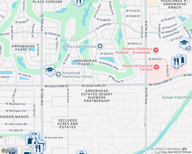map of restaurants, bars, coffee shops, grocery stores, and more near 7102 West Julie Drive in Glendale