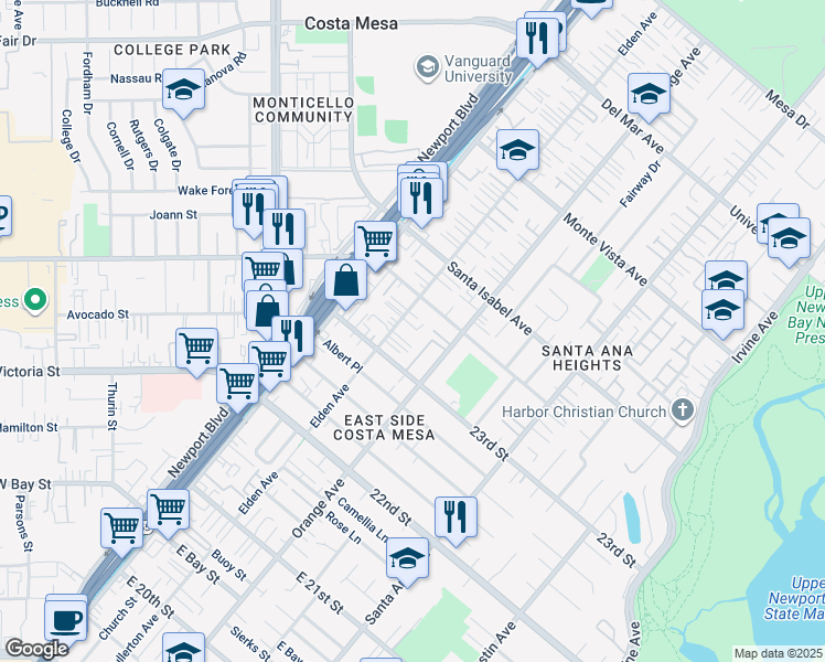 map of restaurants, bars, coffee shops, grocery stores, and more near 2323 Elden Avenue in Costa Mesa