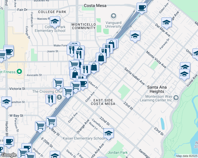 map of restaurants, bars, coffee shops, grocery stores, and more near 122 23rd Street in Costa Mesa