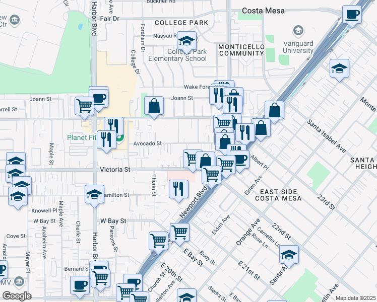 map of restaurants, bars, coffee shops, grocery stores, and more near 271 Avocado Street in Costa Mesa