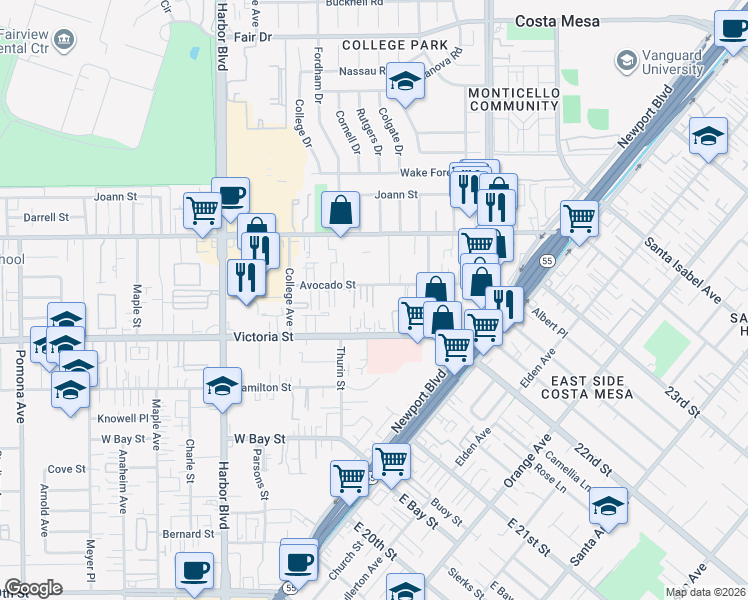 map of restaurants, bars, coffee shops, grocery stores, and more near 301 Avocado Street in Costa Mesa