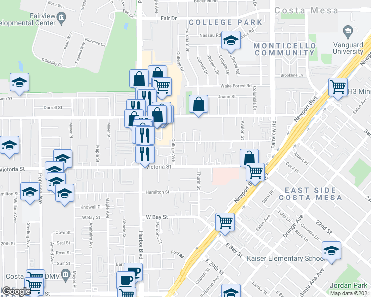 map of restaurants, bars, coffee shops, grocery stores, and more near 371 Avocado Street in Costa Mesa