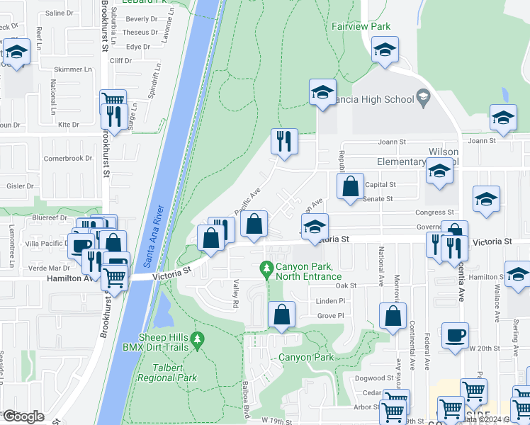 map of restaurants, bars, coffee shops, grocery stores, and more near 2195 Canyon Drive in Costa Mesa