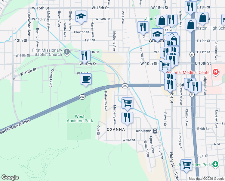 map of restaurants, bars, coffee shops, grocery stores, and more near in Anniston