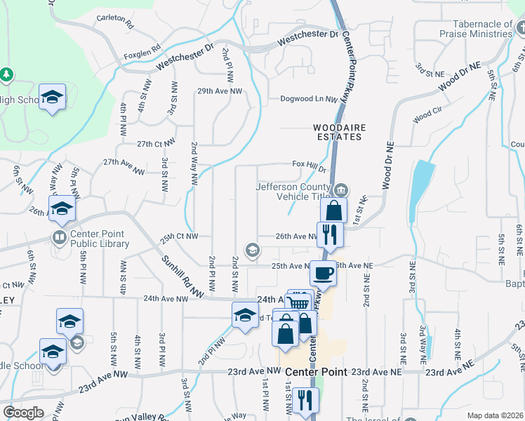 map of restaurants, bars, coffee shops, grocery stores, and more near 2639 1st Place Northwest in Center Point
