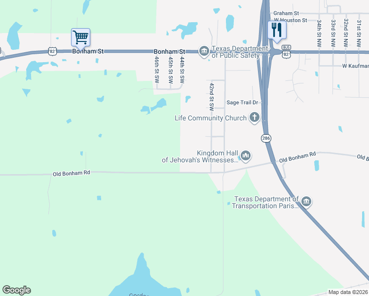 map of restaurants, bars, coffee shops, grocery stores, and more near 4804 County Road 22880 in Paris