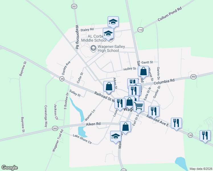 map of restaurants, bars, coffee shops, grocery stores, and more near 117 Lincoln Street in Wagener