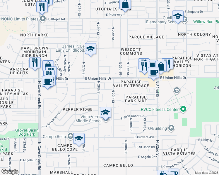 map of restaurants, bars, coffee shops, grocery stores, and more near 2902 East Wagoner Road in Phoenix