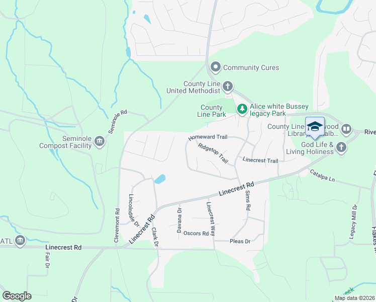 map of restaurants, bars, coffee shops, grocery stores, and more near 3417 Homeward Trail in Ellenwood
