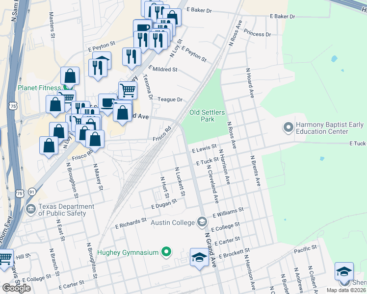 map of restaurants, bars, coffee shops, grocery stores, and more near 1510 North Grand Avenue in Sherman