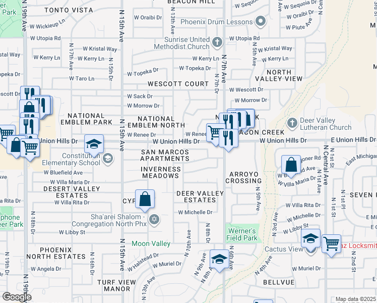 map of restaurants, bars, coffee shops, grocery stores, and more near 921 West Villa Theresa Drive in Phoenix