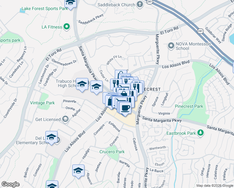 map of restaurants, bars, coffee shops, grocery stores, and more near 27695 Santa Margarita Parkway in Mission Viejo