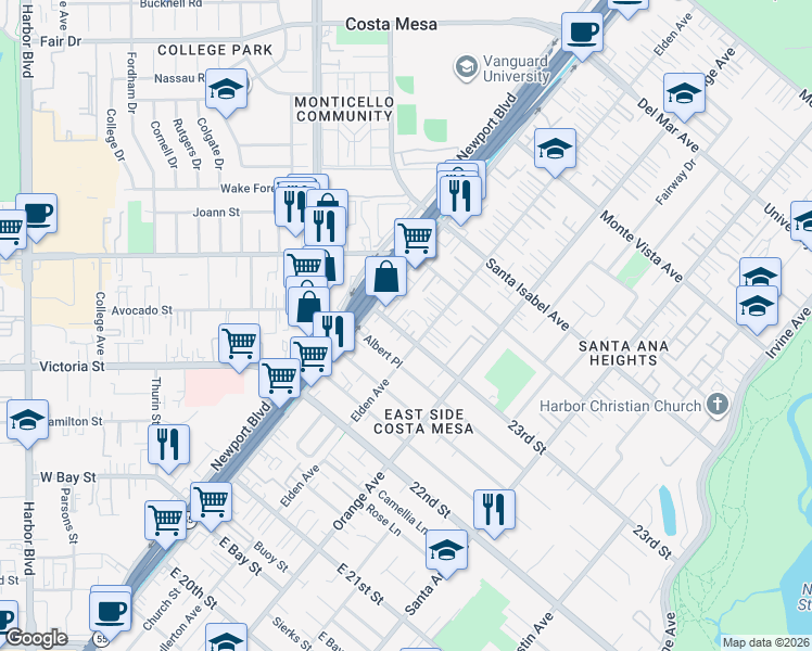 map of restaurants, bars, coffee shops, grocery stores, and more near 124 23rd Street in Costa Mesa