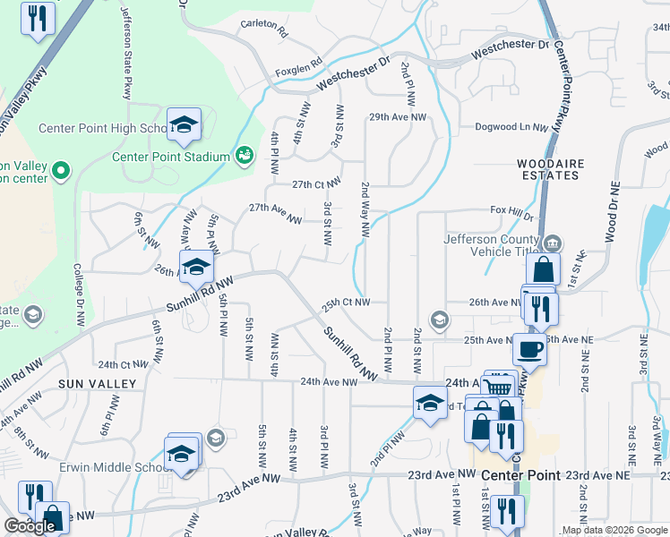 map of restaurants, bars, coffee shops, grocery stores, and more near 223 26th Court Northwest in Center Point