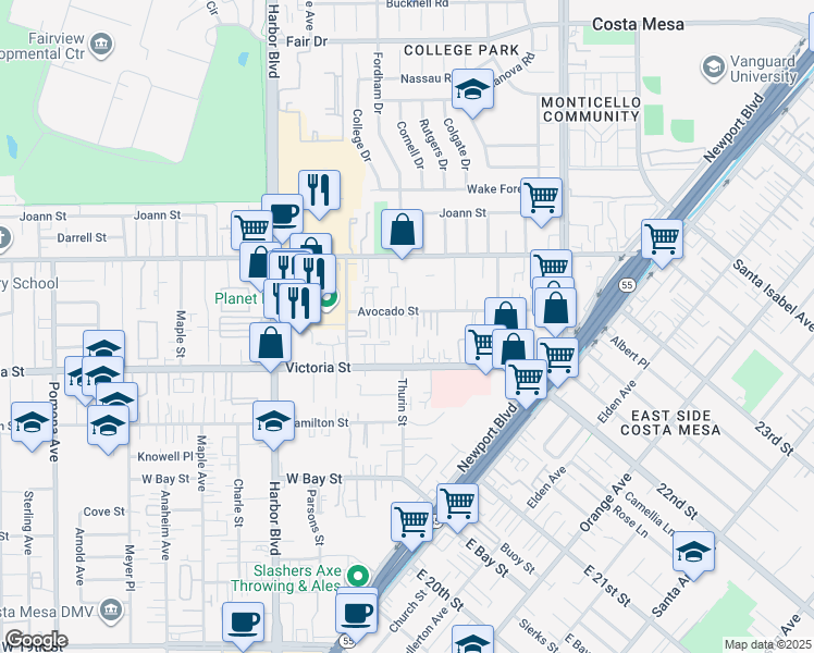 map of restaurants, bars, coffee shops, grocery stores, and more near 345 Avocado Street in Costa Mesa