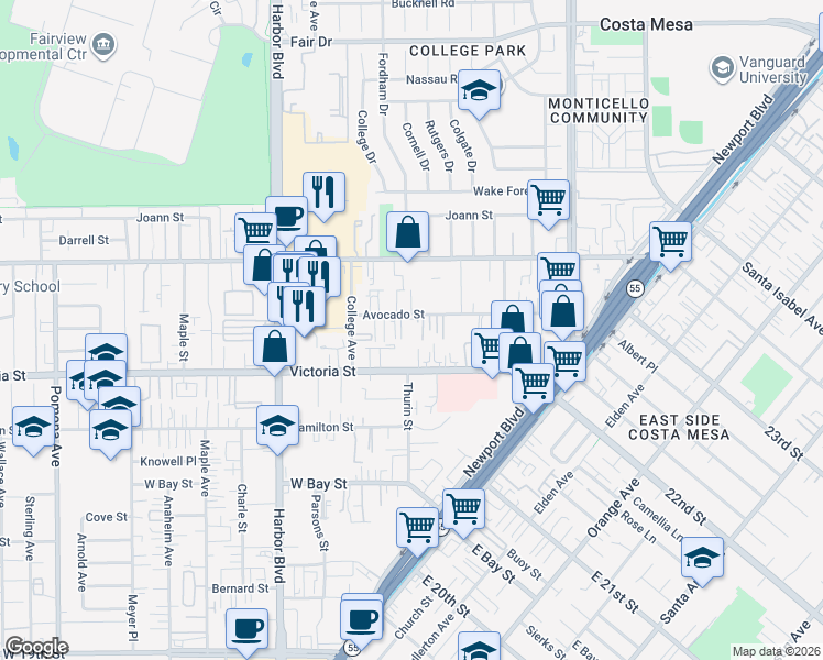 map of restaurants, bars, coffee shops, grocery stores, and more near 345 Avocado Street in Costa Mesa