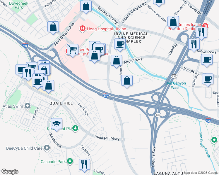 map of restaurants, bars, coffee shops, grocery stores, and more near 16646 Laguna Canyon Road in Irvine