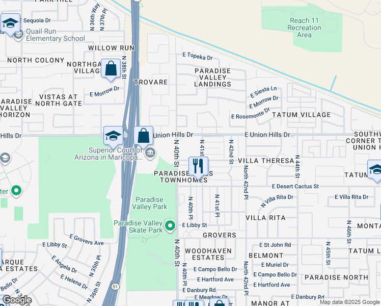 map of restaurants, bars, coffee shops, grocery stores, and more near 4050 East Bluefield Avenue in Phoenix