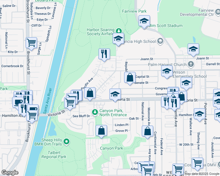 map of restaurants, bars, coffee shops, grocery stores, and more near 2191 American Avenue in Costa Mesa