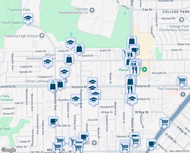 map of restaurants, bars, coffee shops, grocery stores, and more near 2187 Meyer Place in Costa Mesa