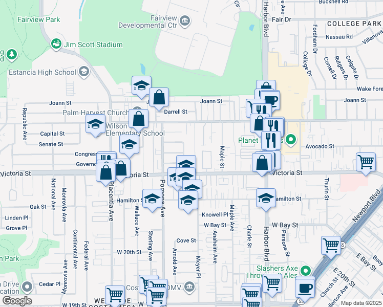 map of restaurants, bars, coffee shops, grocery stores, and more near 2187 Meyer Place in Costa Mesa