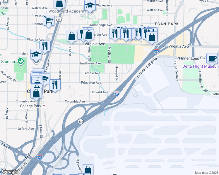 map of restaurants, bars, coffee shops, grocery stores, and more near 3705 Madison Street in College Park