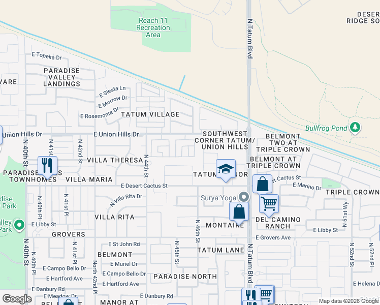 map of restaurants, bars, coffee shops, grocery stores, and more near 18415 North 46th Street in Phoenix