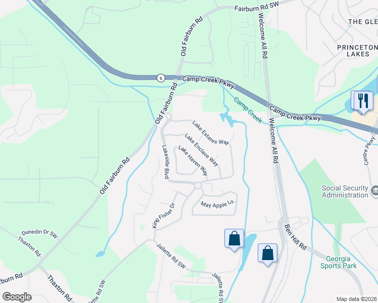 map of restaurants, bars, coffee shops, grocery stores, and more near 3776 Lake Haven Way in Atlanta