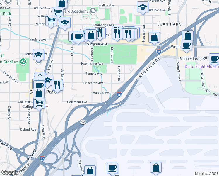 map of restaurants, bars, coffee shops, grocery stores, and more near 3705 Madison Street in College Park