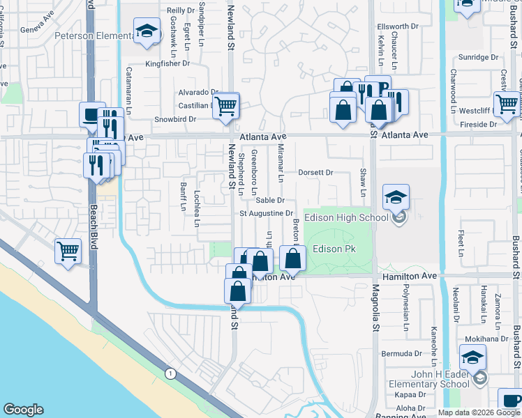 map of restaurants, bars, coffee shops, grocery stores, and more near 8561 Saint Augustine Drive in Huntington Beach
