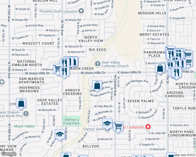map of restaurants, bars, coffee shops, grocery stores, and more near 201 West Villa Theresa Drive in Phoenix