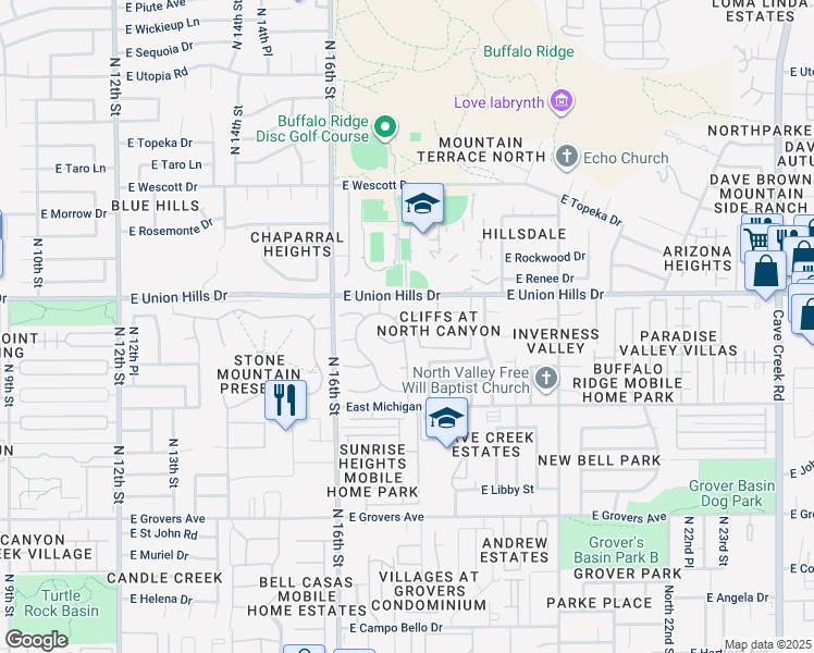 map of restaurants, bars, coffee shops, grocery stores, and more near 18425 North 16th Way in Phoenix