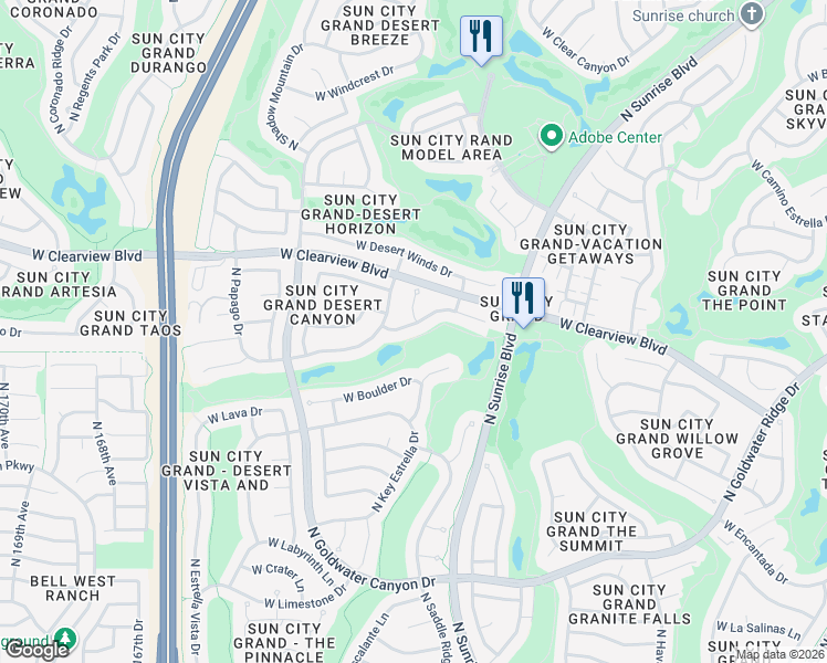 map of restaurants, bars, coffee shops, grocery stores, and more near 16161 West Eagle Ridge Drive in Surprise