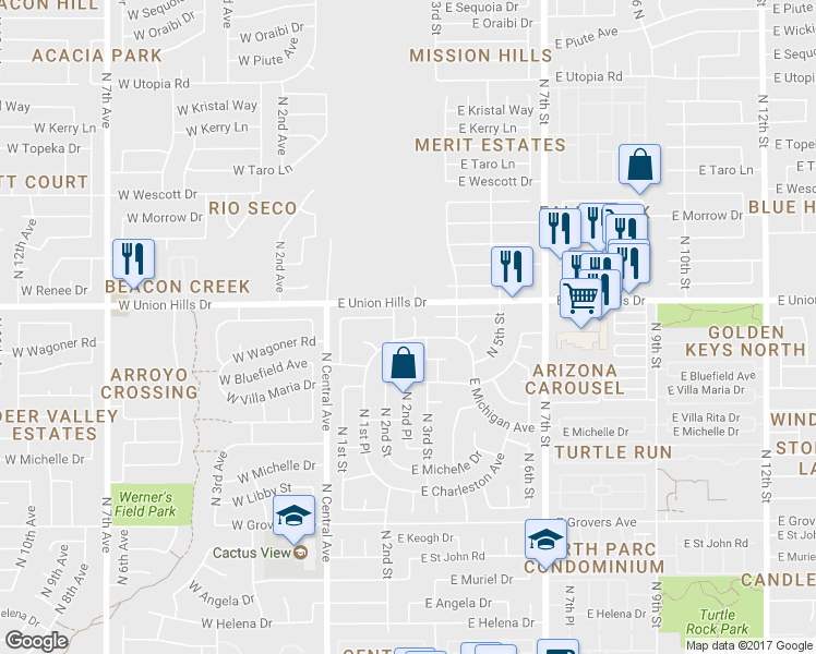 map of restaurants, bars, coffee shops, grocery stores, and more near 18434 North 2nd Place in Phoenix