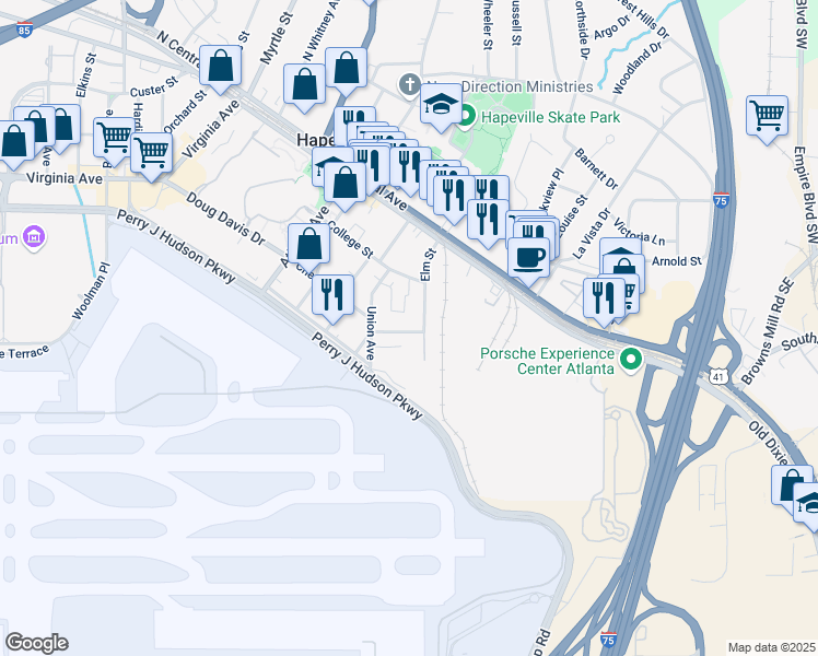 map of restaurants, bars, coffee shops, grocery stores, and more near 3668 Elm Street in Atlanta